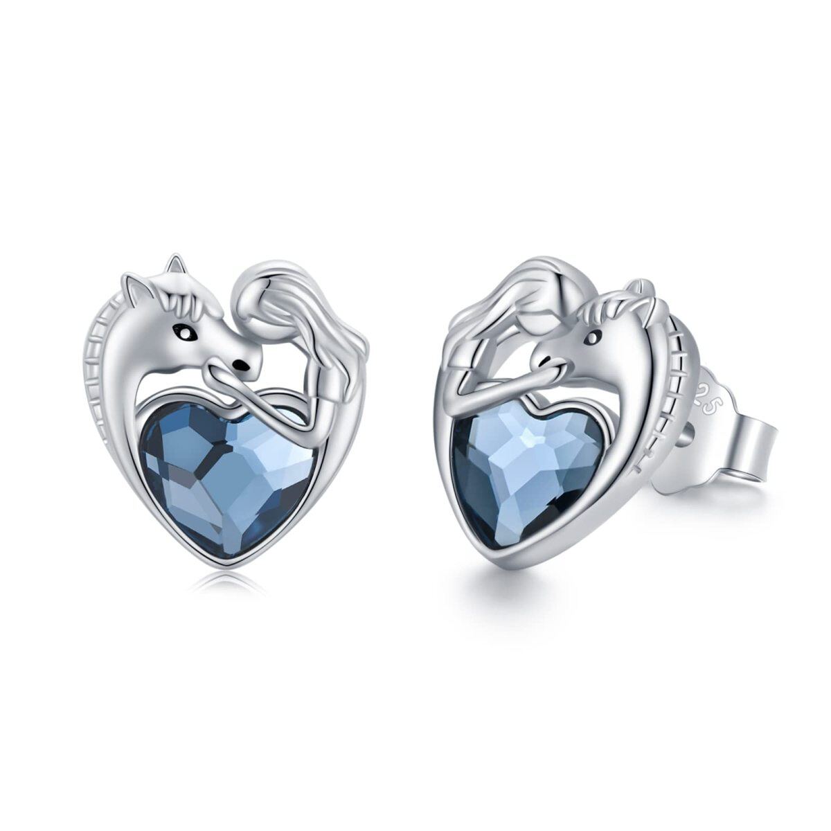 Sterling Silver Heart Shaped Crystal Horse & Heart Stud Earrings-1