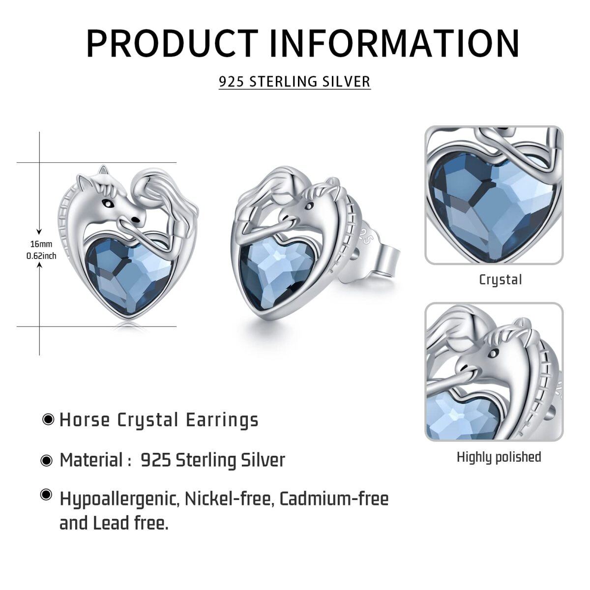 Sterling Silver Heart Shaped Crystal Horse & Heart Stud Earrings-7