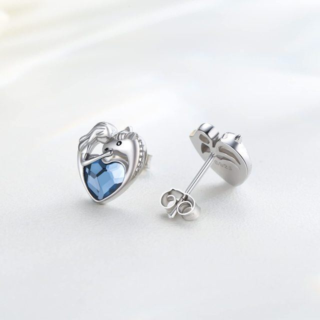 Sterling Silver Heart Shaped Crystal Horse & Heart Stud Earrings-5
