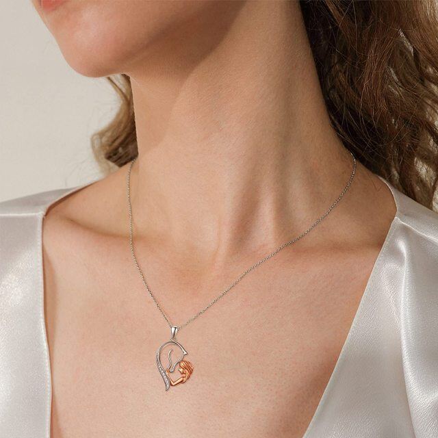 Sterling Silver with Rose Gold Plated Circular Shaped Zircon Horse & Heart Pendant Necklace-2