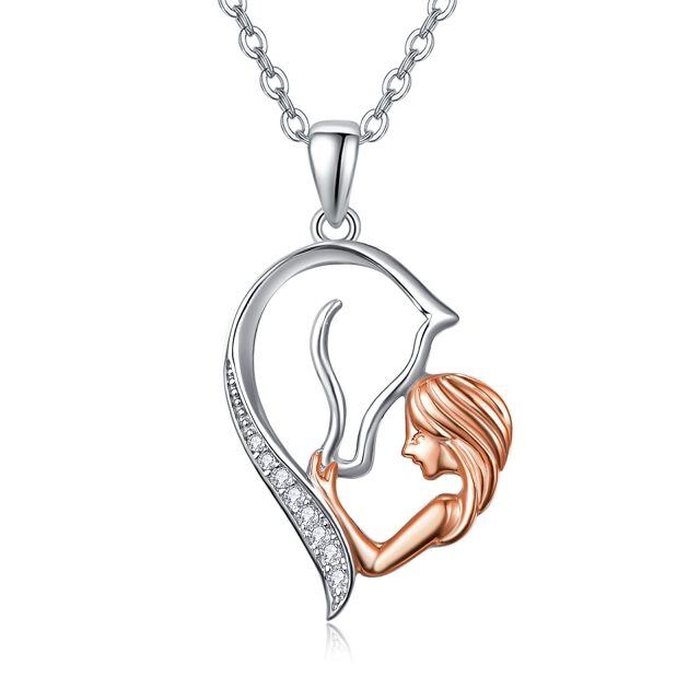 Sterling Silver with Rose Gold Plated Circular Shaped Zircon Horse & Heart Pendant Necklace-0