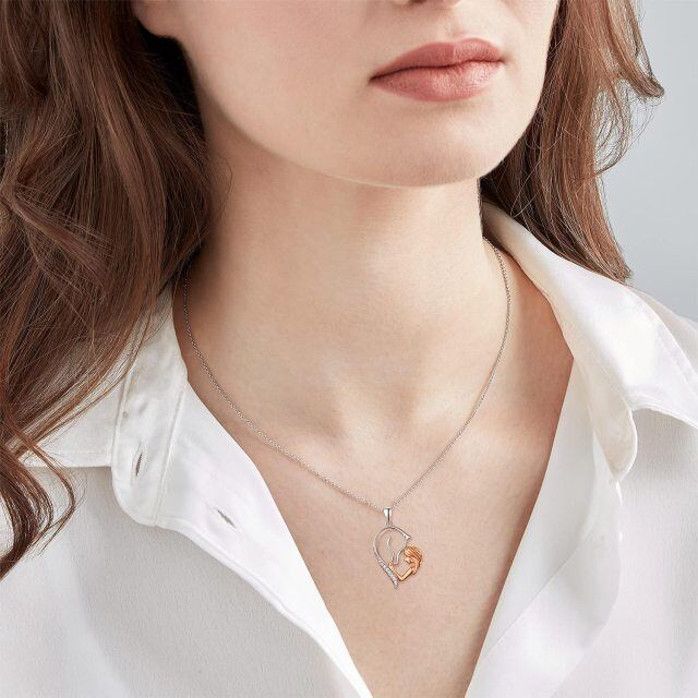 Sterling Silver with Rose Gold Plated Circular Shaped Zircon Horse & Heart Pendant Necklace-1