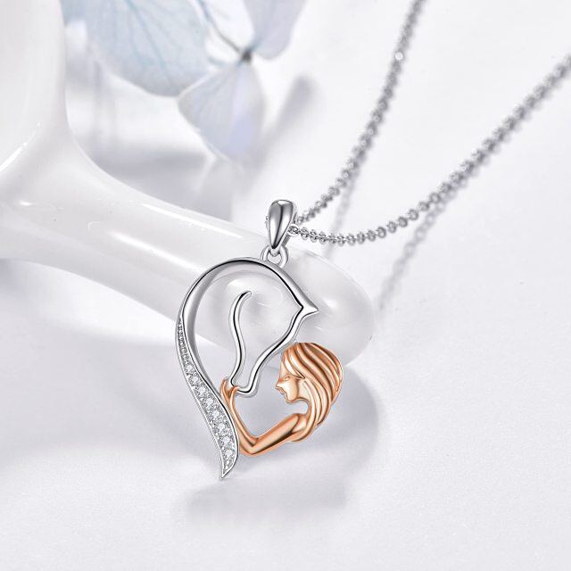 Sterling Silver with Rose Gold Plated Circular Shaped Zircon Horse & Heart Pendant Necklace-3