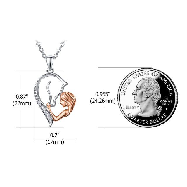 Sterling Silver with Rose Gold Plated Circular Shaped Zircon Horse & Heart Pendant Necklace-4