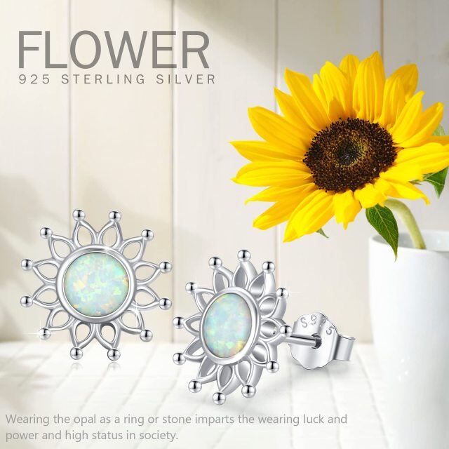 Sterling Silver Circular Shaped Opal Sunflower Stud Earrings-5