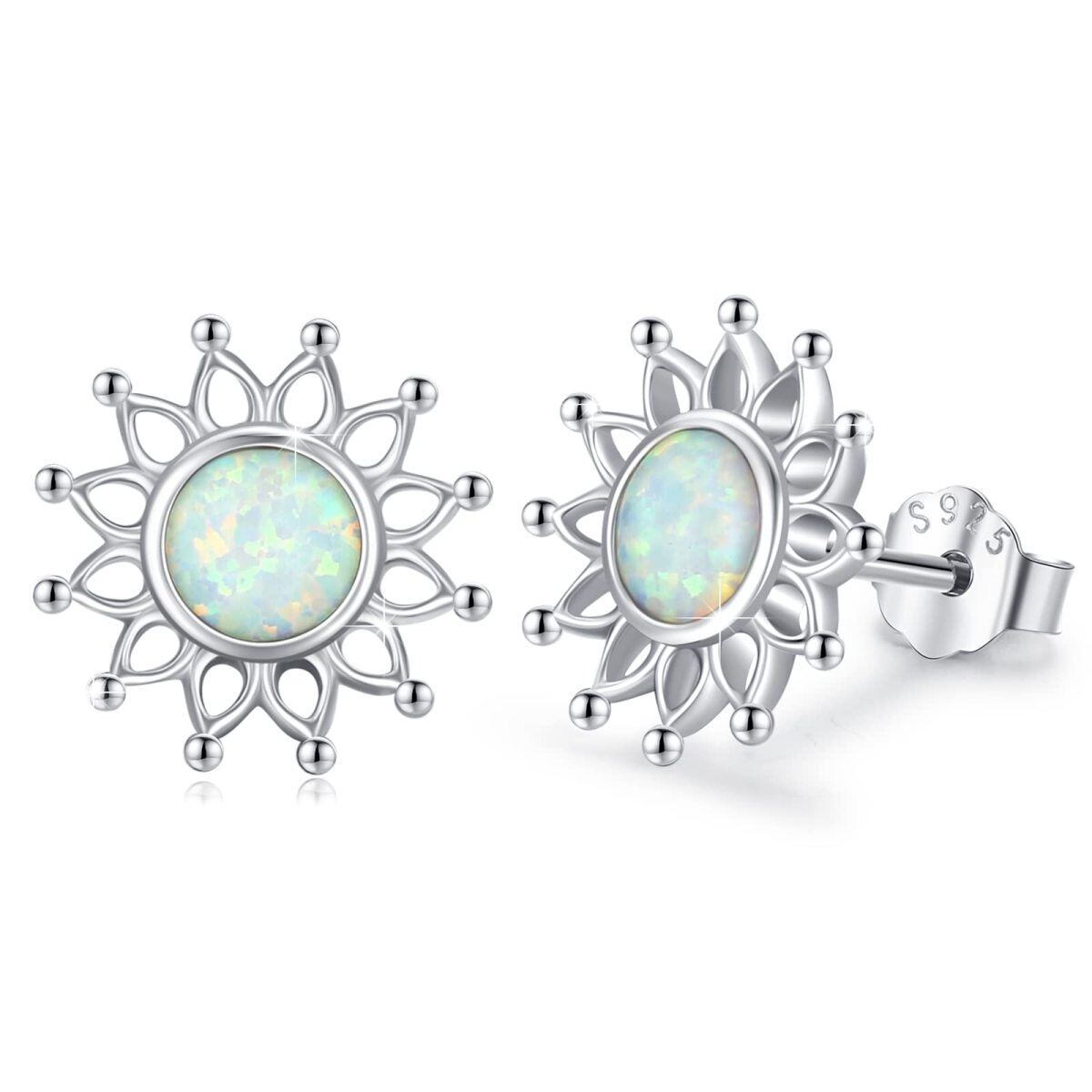 Sterling Silver Circular Shaped Opal Sunflower Stud Earrings-1