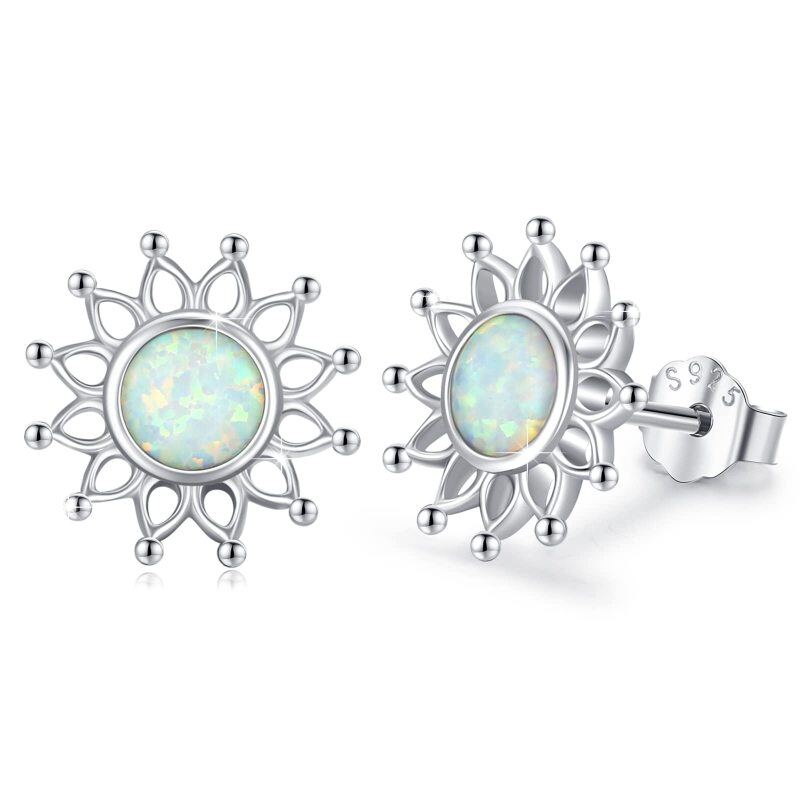 Sterling Silver Circular Shaped Opal Sunflower Stud Earrings