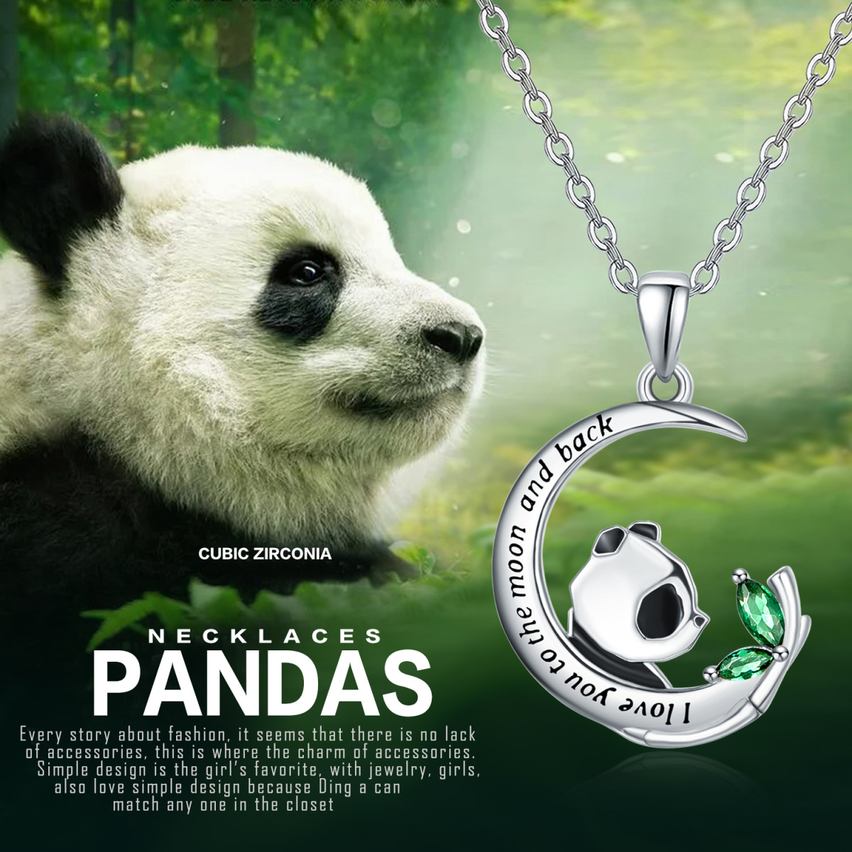 Sterling Silber Cubic Zirkonia Panda & Mond Anhänger Halskette-6