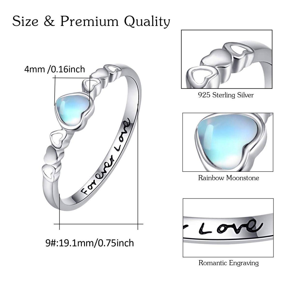 Sterling Silver Heart Shaped Moonstone Heart Ring with Engraved Word-4