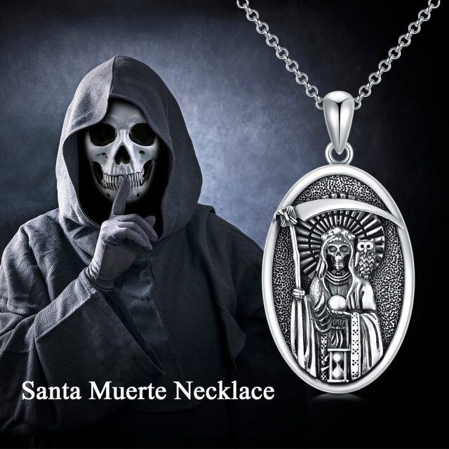 Sterling Silver Santa Muerte Perdoname & Owl Pendant Necklace for Men-5