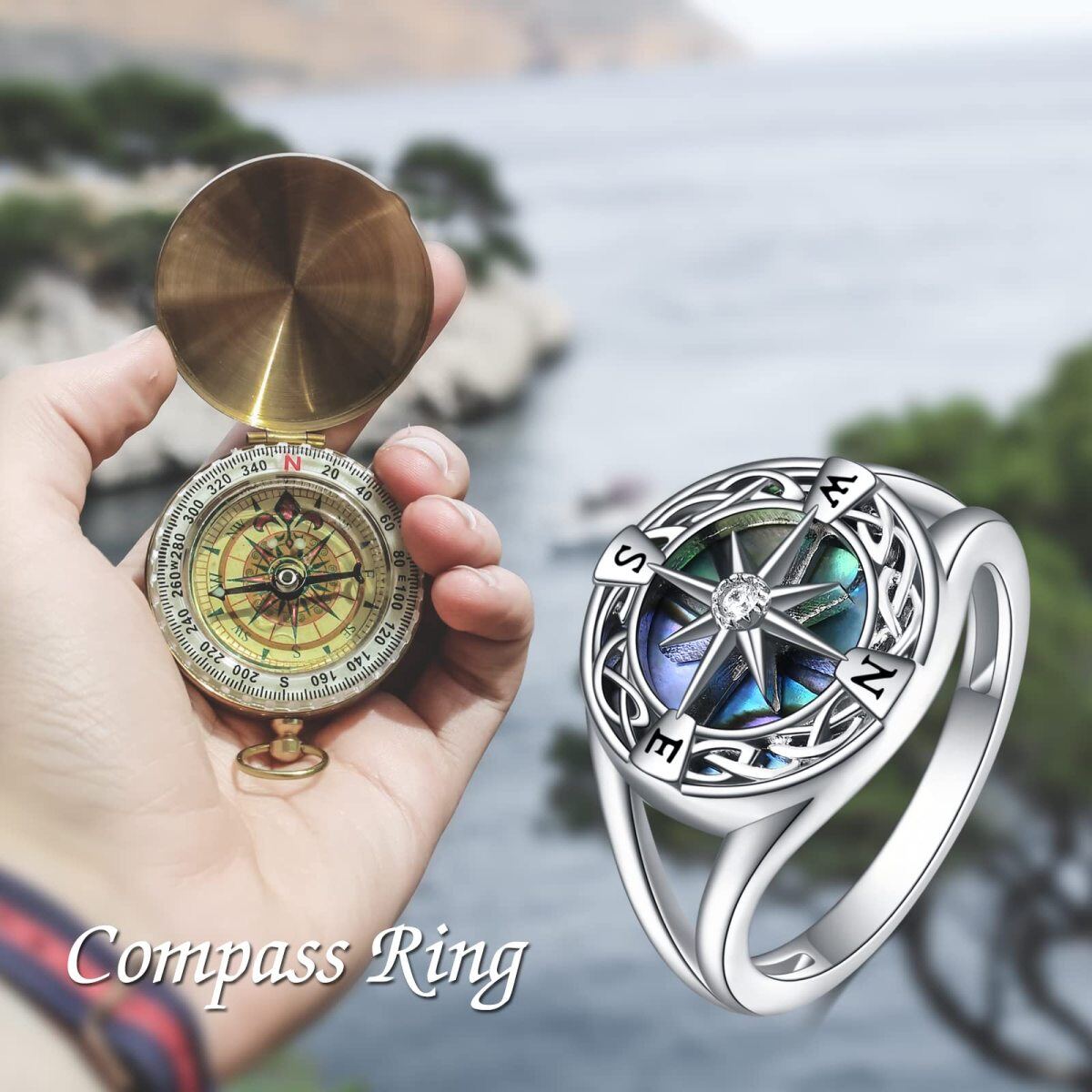 Sterling Silver Abalone Shellfish Celtic Knot & Compass Ring-5