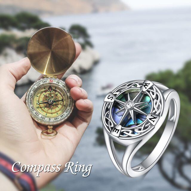 Prata esterlina Abalone Shellfish Celtic Knot & Compass Ring-4
