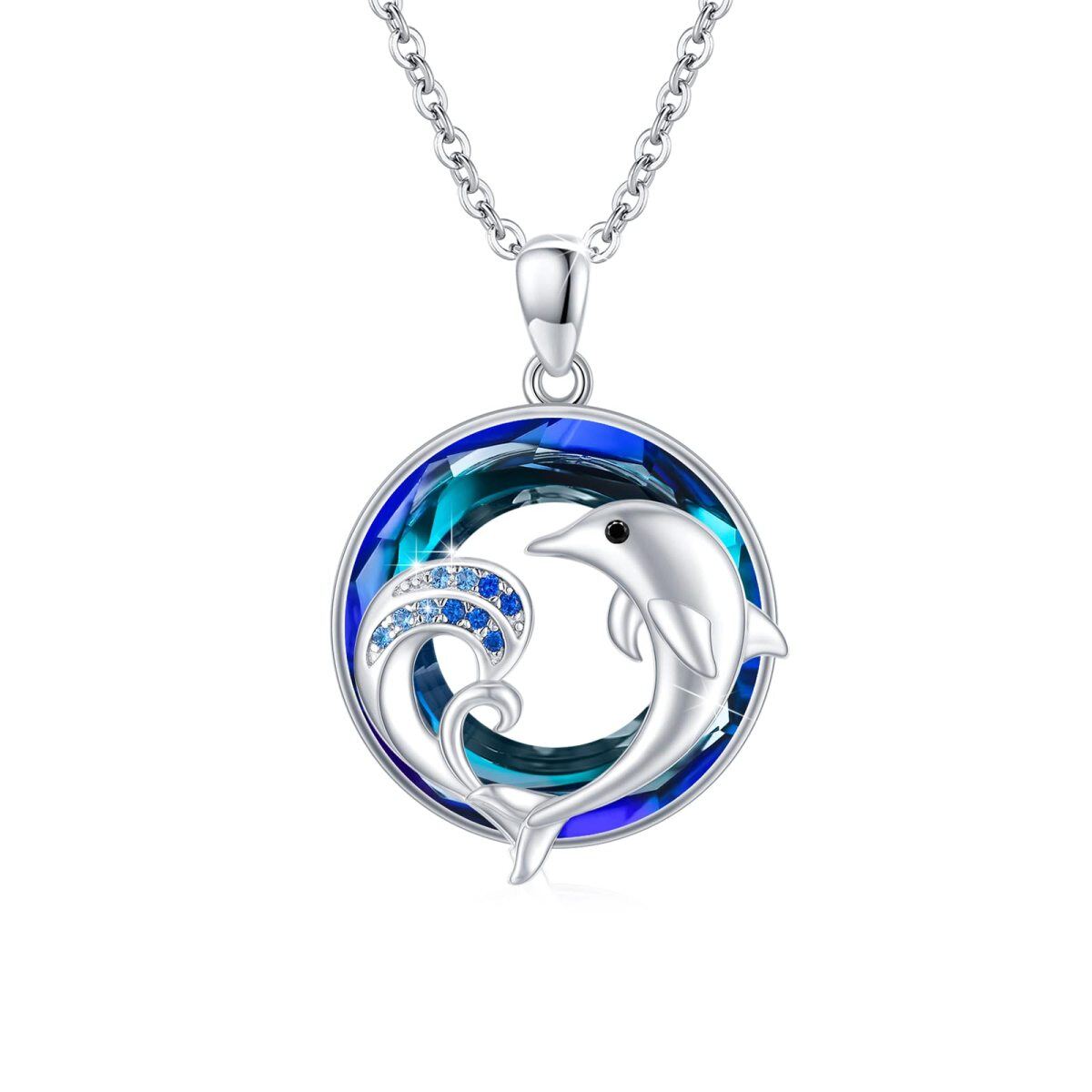 Sterling Silver Round Dolphin & Spray Crystal Pendant Necklace-1