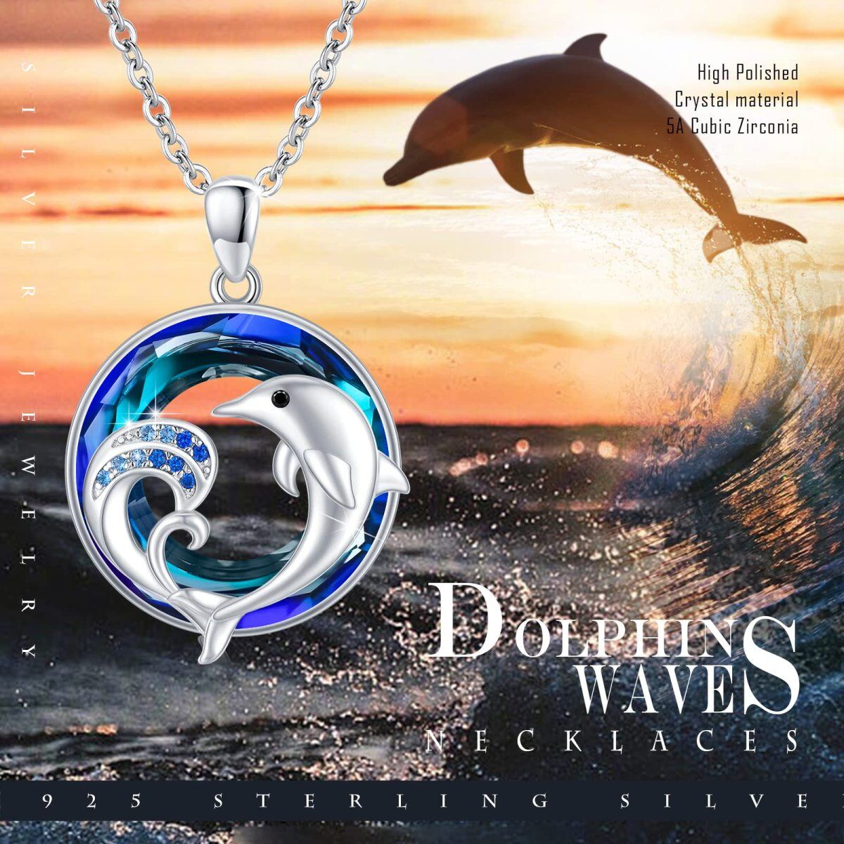 Sterling Silver Round Dolphin & Spray Crystal Pendant Necklace-5