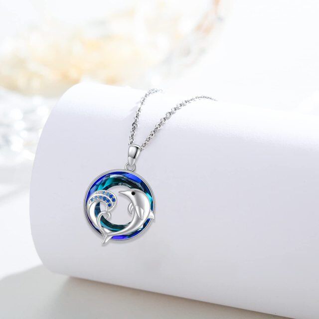 Sterling Silver Round Dolphin & Spray Crystal Pendant Necklace-3