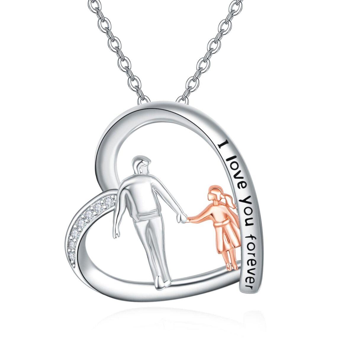 Sterling Silver Two-tone Cubic Zirconia Father & Daughter Heart Pendant Necklace with Engraved Word-1