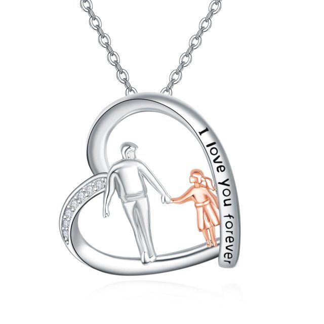 Sterling Silver Two-tone Cubic Zirconia Father & Daughter Heart Pendant Necklace with Engraved Word-0