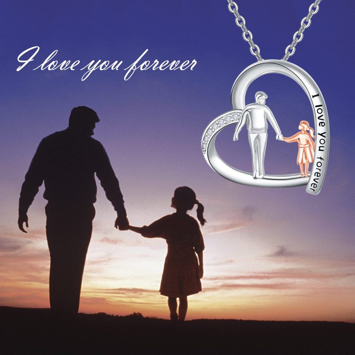 Sterling Silver Two-tone Cubic Zirconia Father & Daughter Heart Pendant Necklace with Engraved Word-4