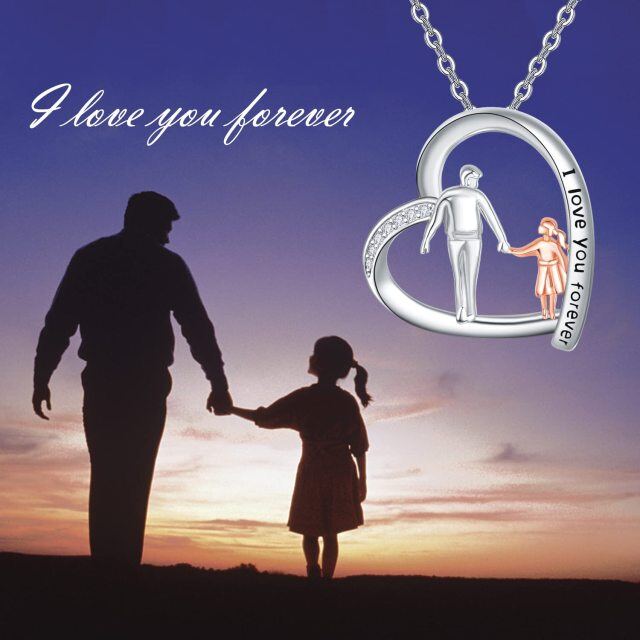 Sterling Silber zweifarbig Cubic Zirkonia Vater & Tochter Herz Anhänger Halskette mit eingraviertem Wort-3