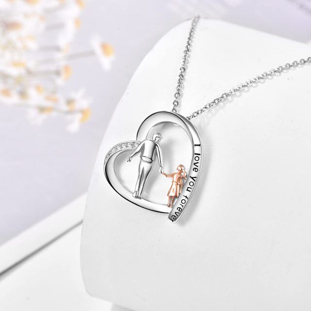Sterling Silver Two-tone Cubic Zirconia Father & Daughter Heart Pendant Necklace with Engraved Word-2