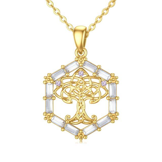 9K Gold Round Cubic Zirconia Tree Of Life & Celtic Knot Pendant Necklace-2