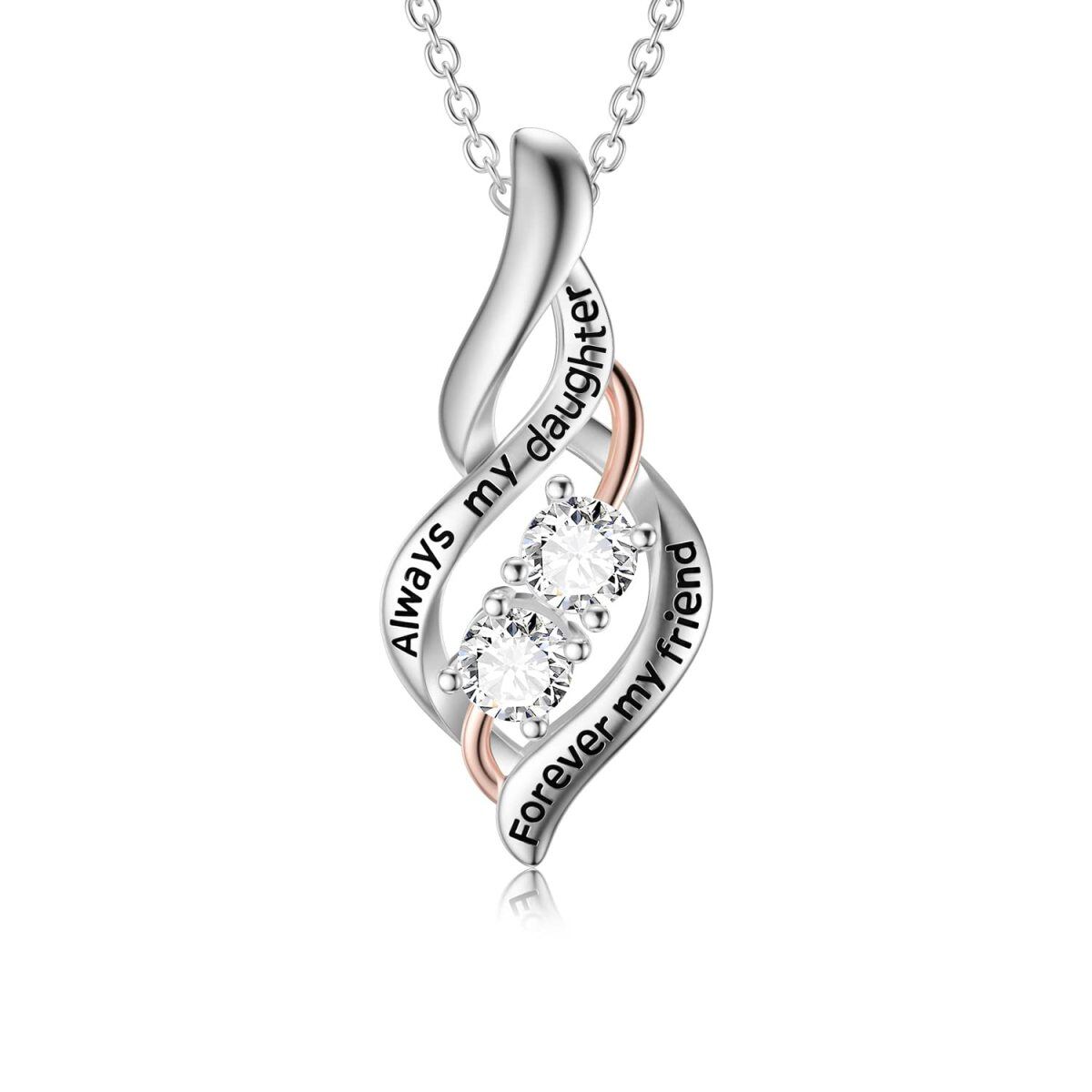Sterling Silver Two-tone Circular Shaped Cubic Zirconia Mother & Daughter Pendant Necklace with Engraved Word-1