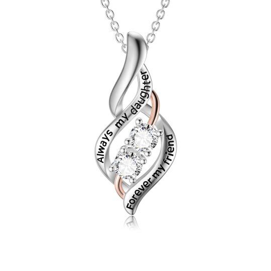 Sterling Silver Two-tone Circular Shaped Cubic Zirconia Mother & Daughter Pendant Necklace with Engraved Word