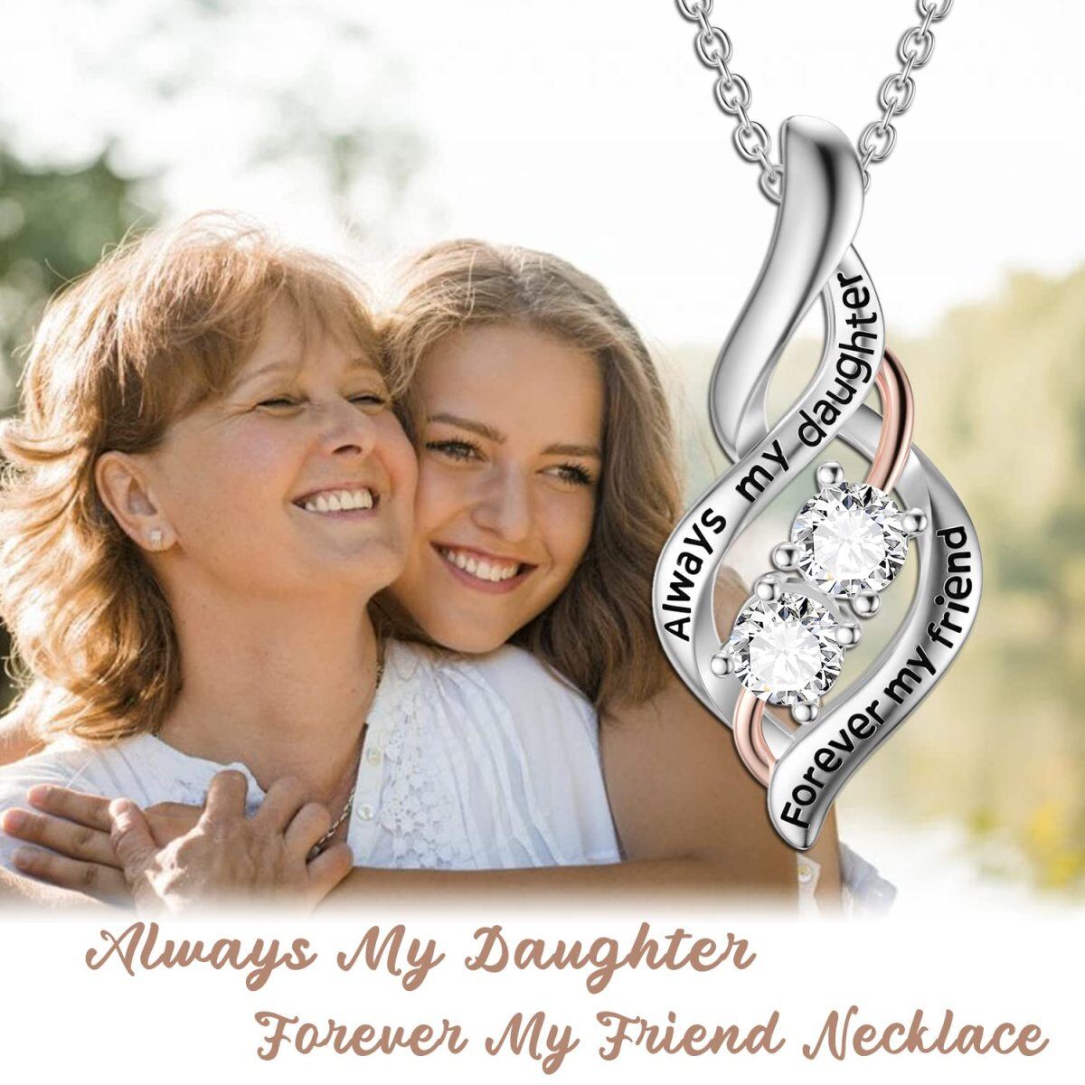 Sterling Silver Two-tone Circular Shaped Cubic Zirconia Mother & Daughter Pendant Necklace with Engraved Word-5