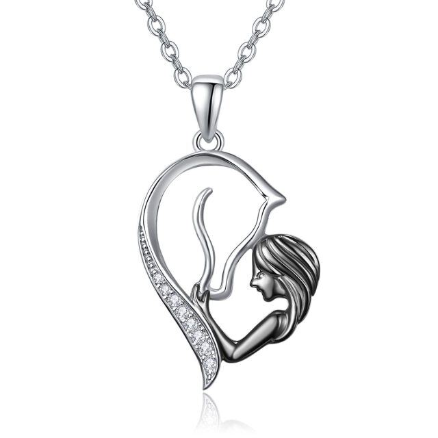 Sterling Silver Cubic Zirconia Horse & Heart Pendant Necklace-0
