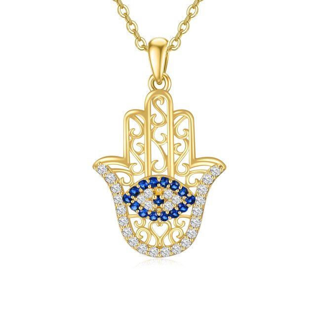 9K Gold Cubic Zirconia Evil Eye & Hamsa Hand Pendant Necklace-2