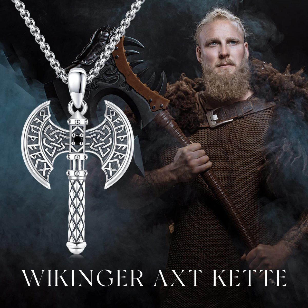Halskette mit Wikinger-Runen-Anhänger aus Sterlingsilber mit Zirkonia für Herren-5