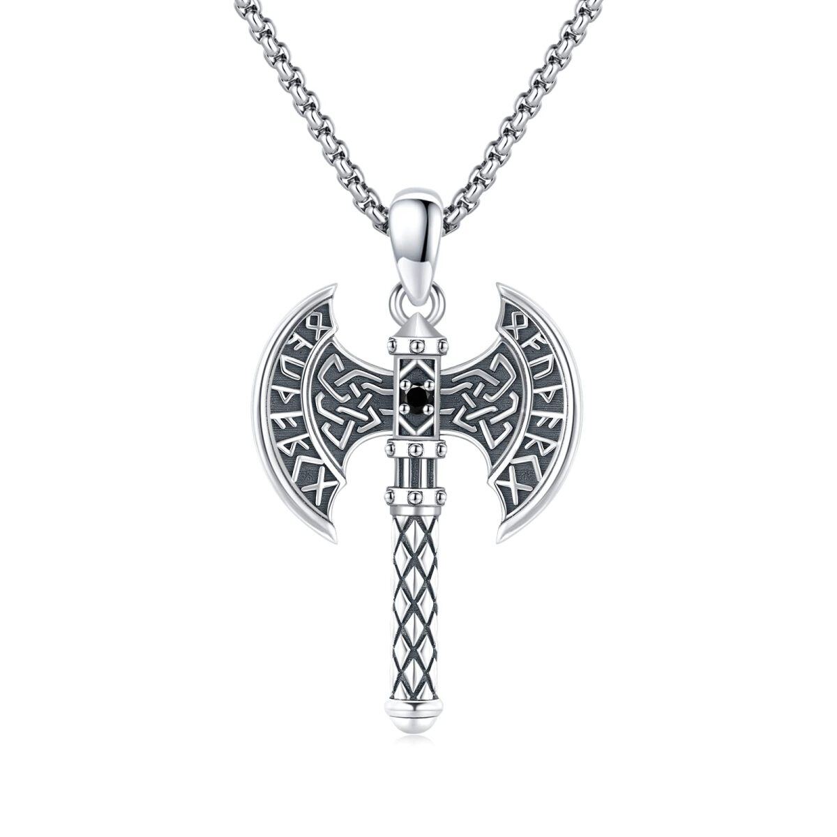 Sterling Silver Zircon Viking Rune Pendant Necklace for Men-1