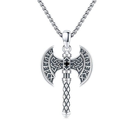 Sterling Silver Zircon Viking Rune Pendant Necklace for Men