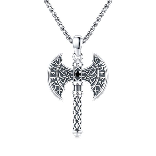 Sterling Silver Zircon Viking Rune Pendant Necklace for Men-0