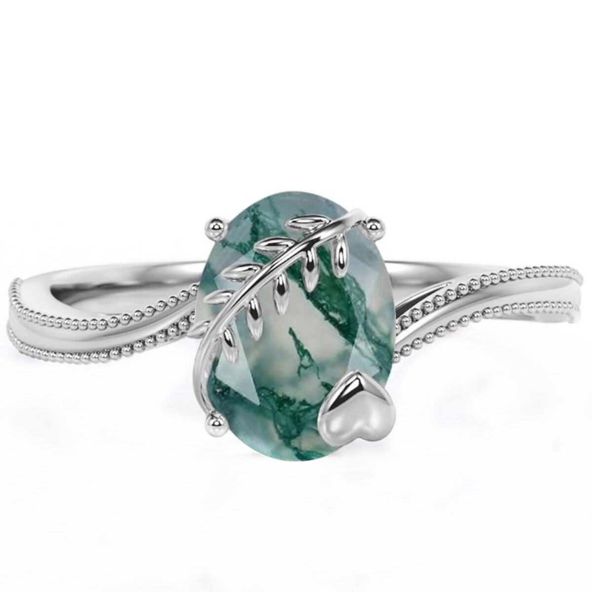 Sterling Silver Oval Shaped Moss Agate & Heart Engagement Ring-1