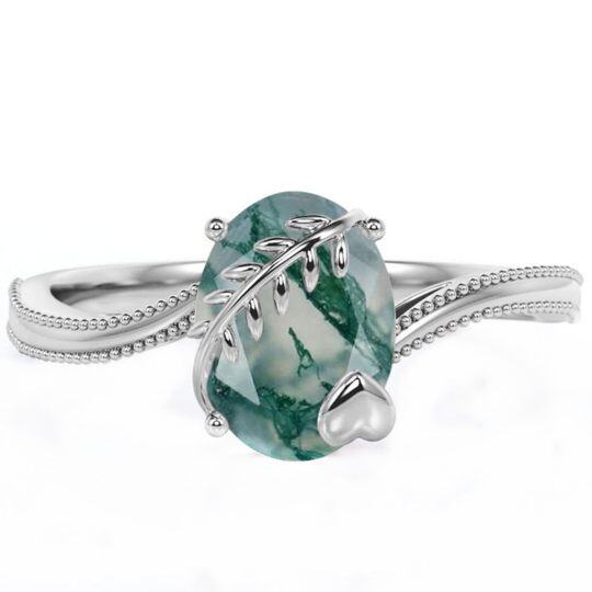 Sterling Silver Oval Shaped Moss Agate & Heart Engagement Ring