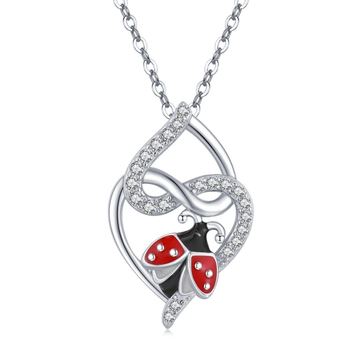 Sterling Silver Circular Shaped Cubic Zirconia Ladybug & Heart With Heart Pendant Necklace-1