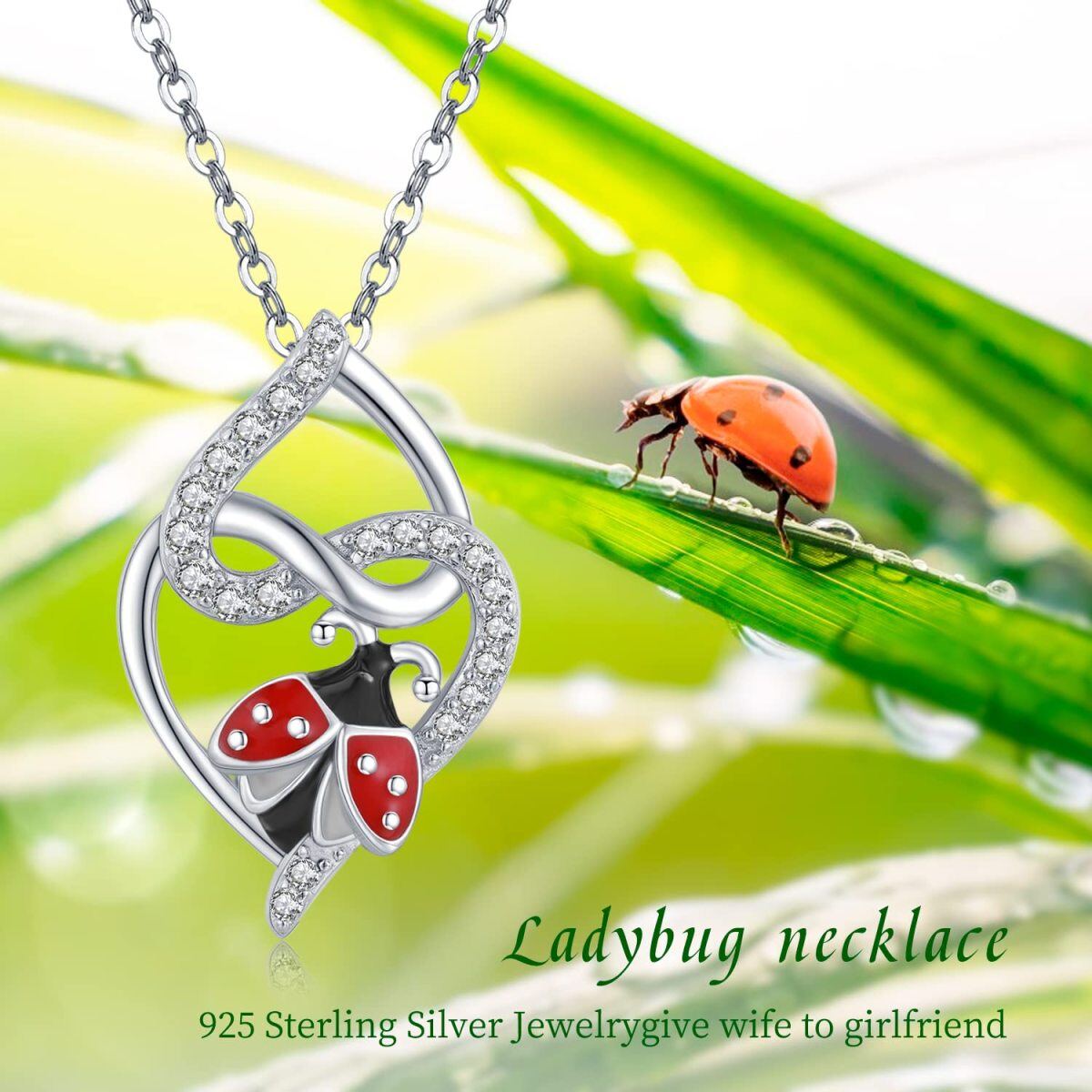 Sterling Silver Circular Shaped Cubic Zirconia Ladybug & Heart With Heart Pendant Necklace-7