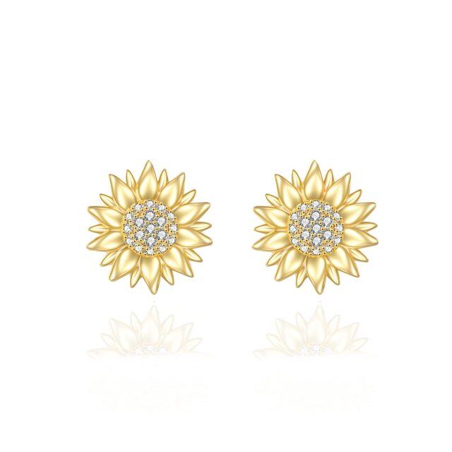 14K Gold Circular Shaped Cubic Zirconia Sunflower Stud Earrings-1