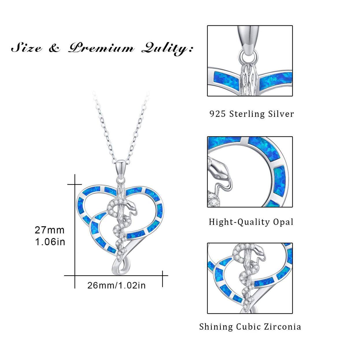 Sterling Silver Heart Shaped Opal Snake Pendant Necklace-7