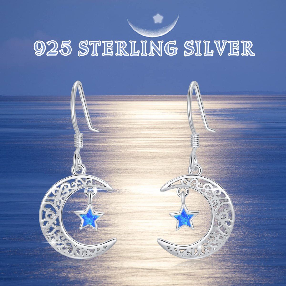 Sterling Silver Opal Moon Drop Earrings-6