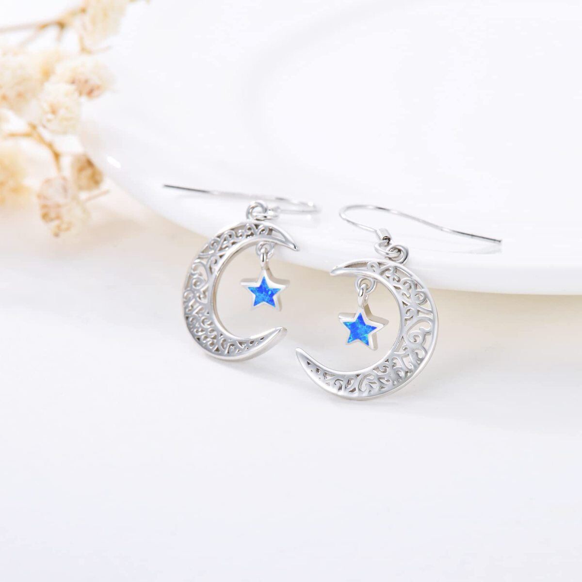 Boucles d'oreilles pendantes en argent sterling avec opale et lune-4