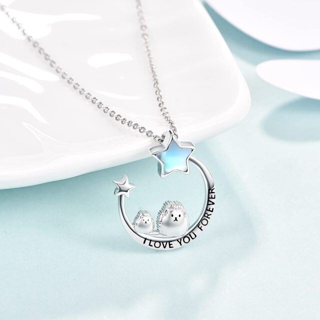 Sterling Silver Five-Pointed Star Shaped Moonstone Hedgehog & Moon & Star Pendant Necklace with Engraved Word-3