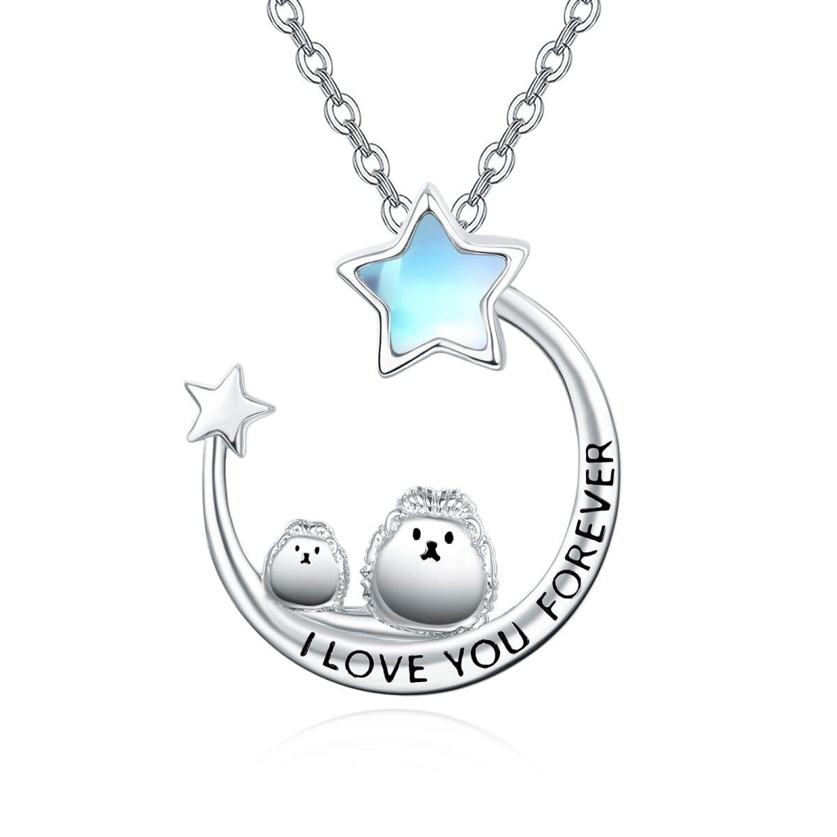 Sterling Silver Five-Pointed Star Shaped Moonstone Hedgehog & Moon & Star Pendant Necklace with Engraved Word-1