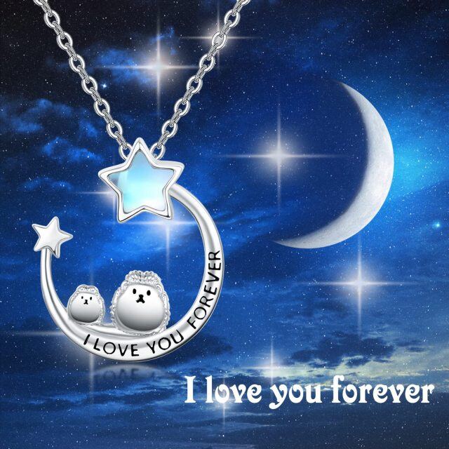 Sterling Silver Five-Pointed Star Shaped Moonstone Hedgehog & Moon & Star Pendant Necklace with Engraved Word-4