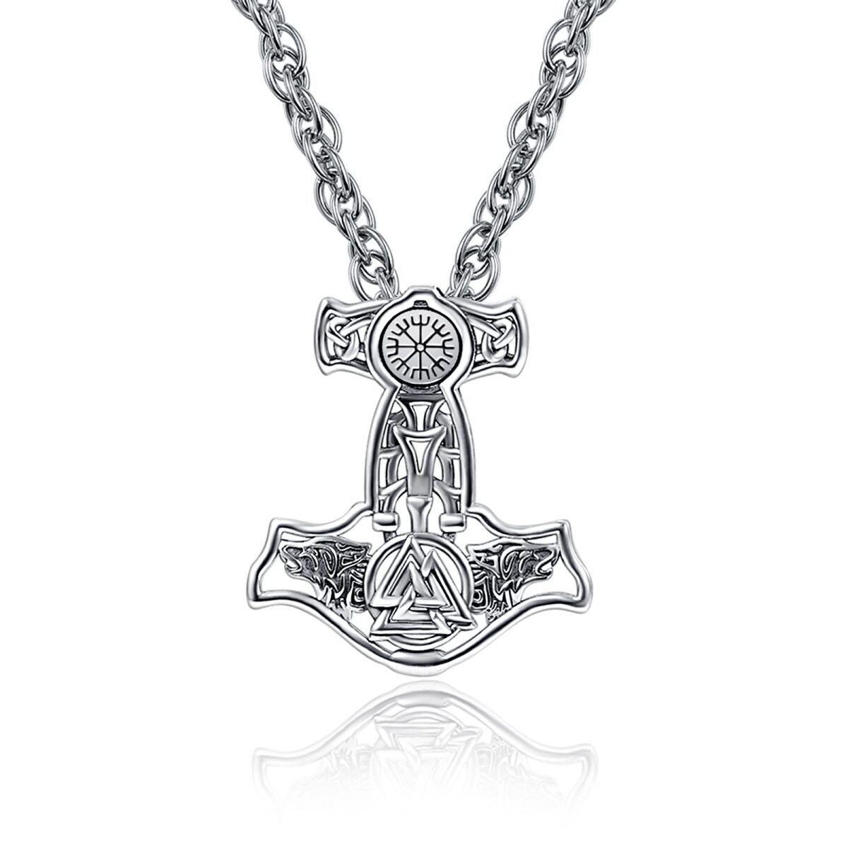 Sterling Silver Wolf & Skull & Thor's Hammer & Viking Rune Pendant Necklace for Men-1