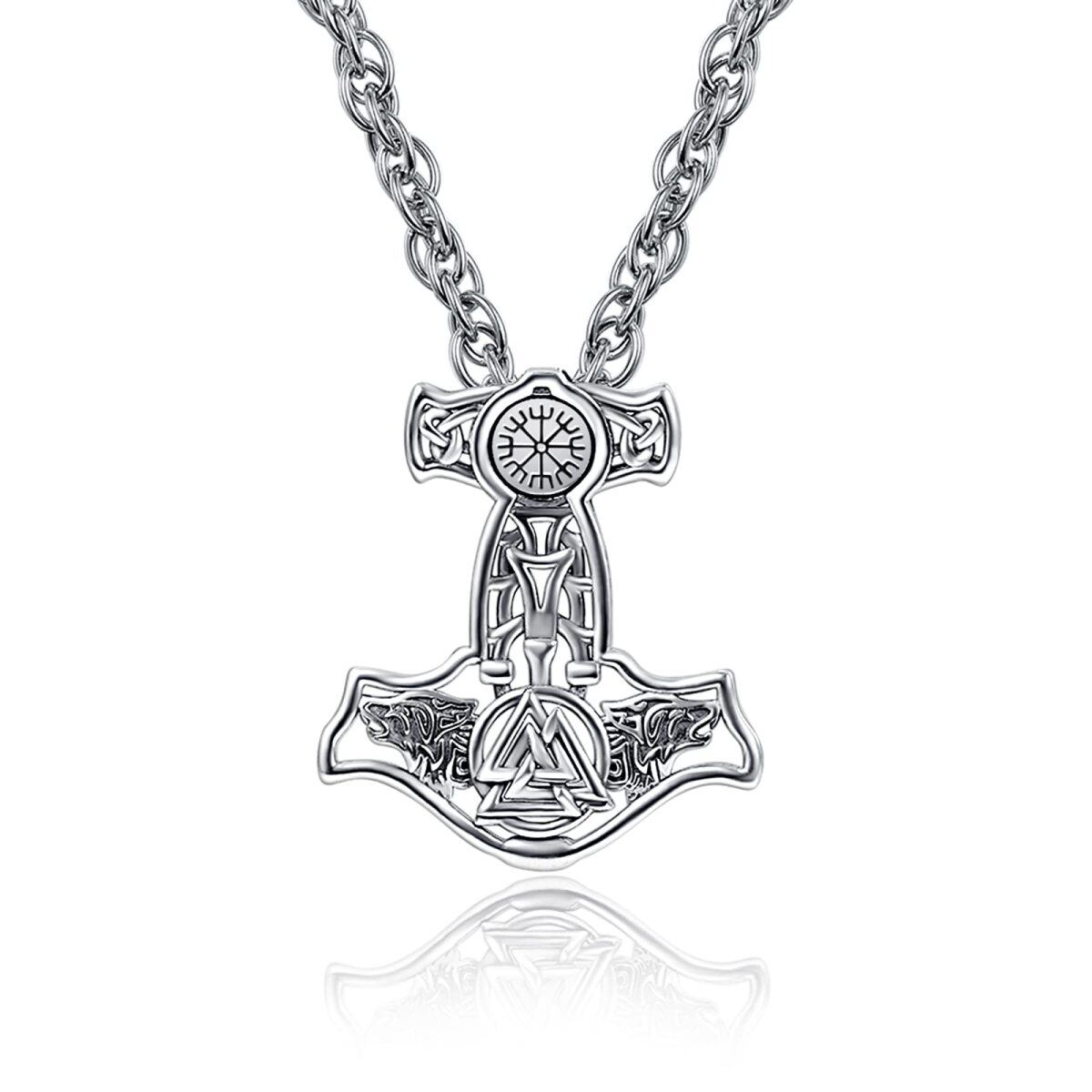 Collier en argent sterling avec pendentif loup, crâne, marteau de Thor et runes vikings po-1