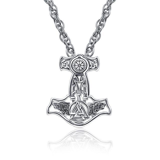 Sterling Silver Wolf & Skull & Thor's Hammer & Viking Rune Pendant Necklace for Men-2