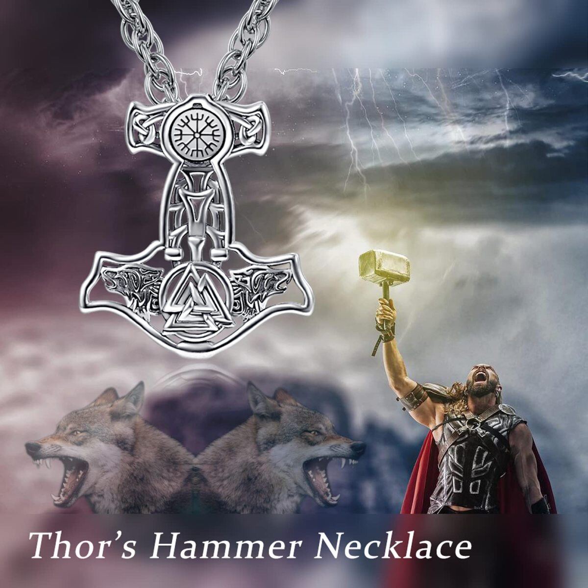 Sterling Silver Wolf & Skull & Thor's Hammer & Viking Rune Pendant Necklace for Men-5