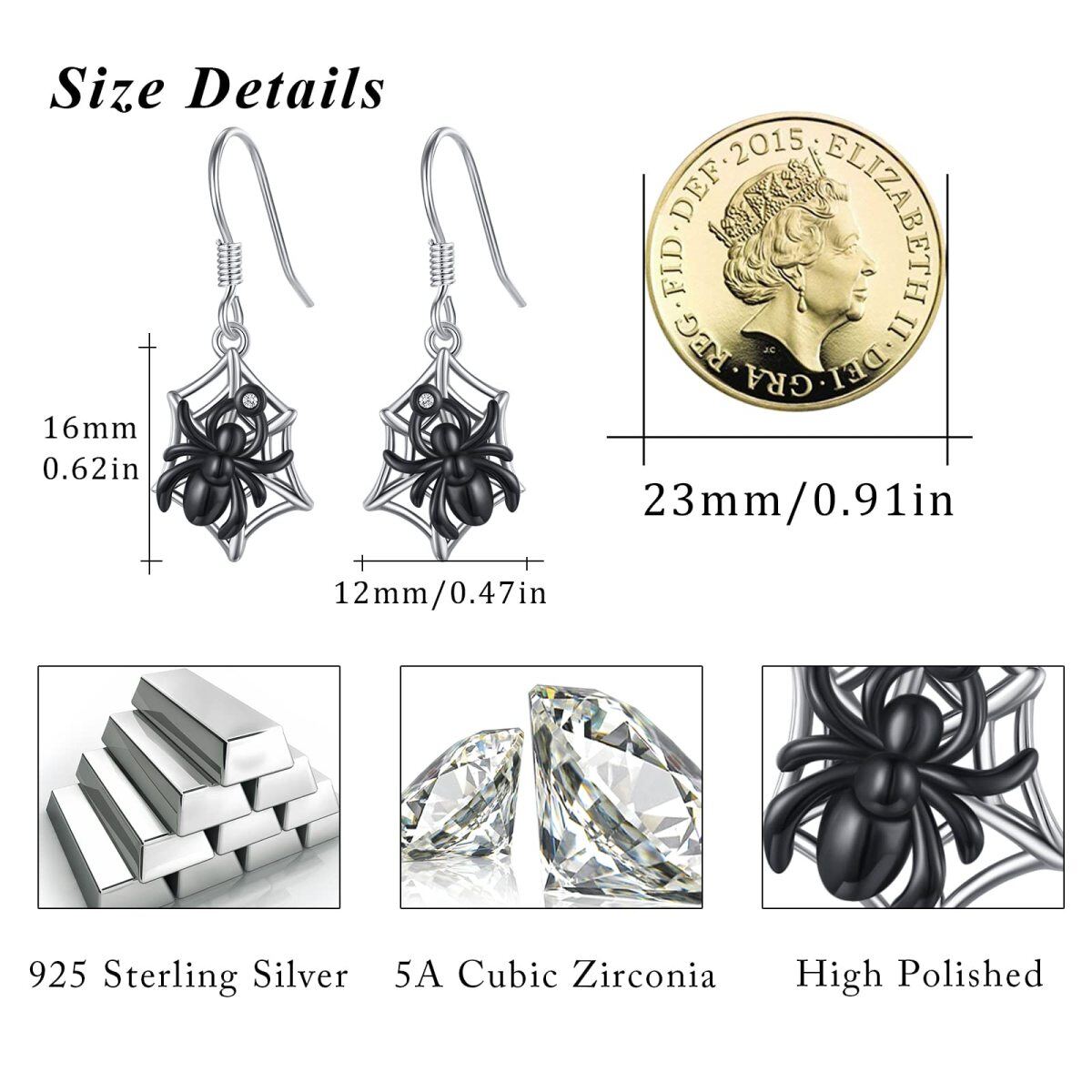 Sterling Silver Two-tone Cubic Zirconia Spider Drop Earrings-6